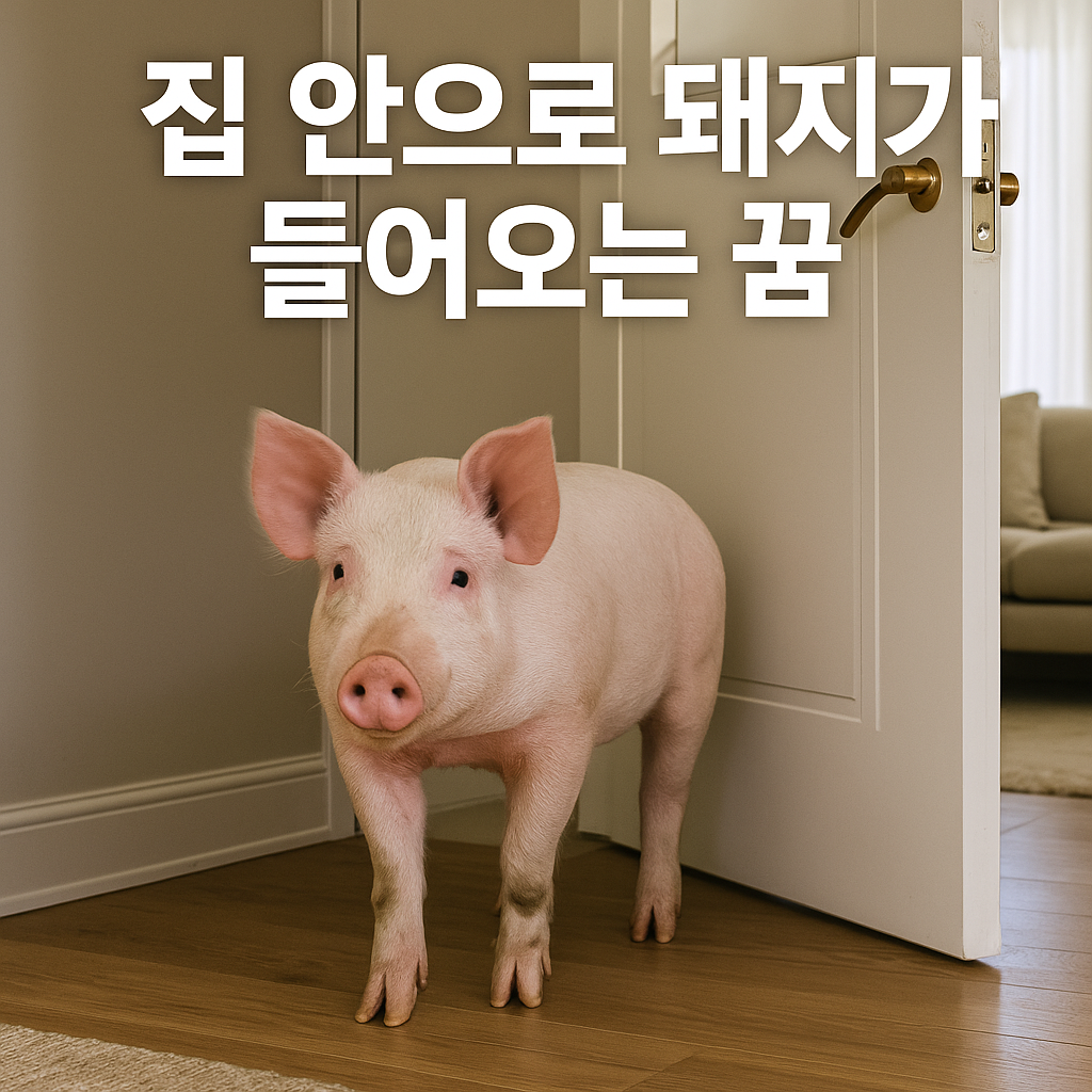 집 안으로 돼지가 들어오는 꿈 – 열린 문을 통해 거실로 들어오는 분홍색 돼지 한 마리의 모습