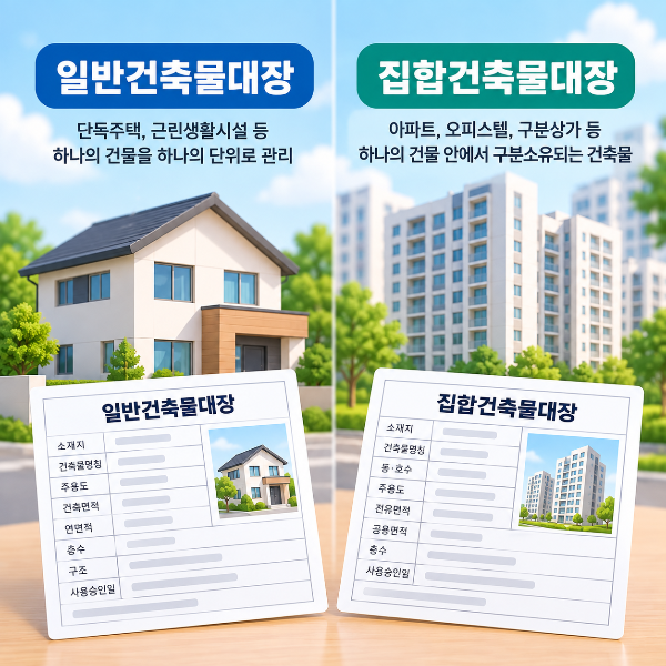 단독주택 등 일반건축물대장과 아파트 등 집합건축물대장의 차이를 비교한 이미지