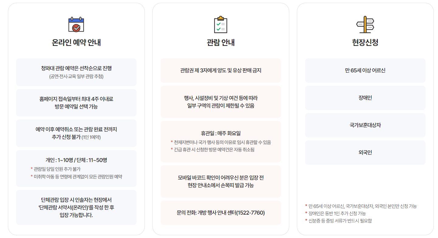 청와대 홈페이지 내 온라인 예약 안내문구 이미지