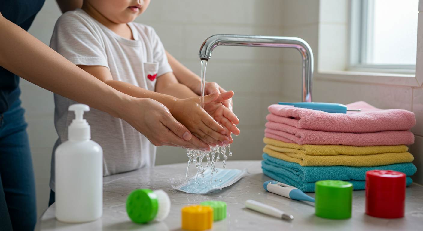A concerned parent gently washing a Korean toddler’s hands under running water in a bright summer-lit bathroom. Beside them are sanitized toys, folded towels, and a thermometer. The atmosphere is warm and clean, evoking care and prevention.