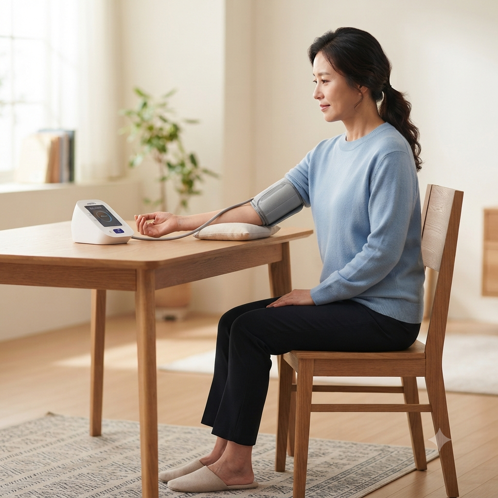 집에서 올바른 자세로 혈압을 측정하는 모습