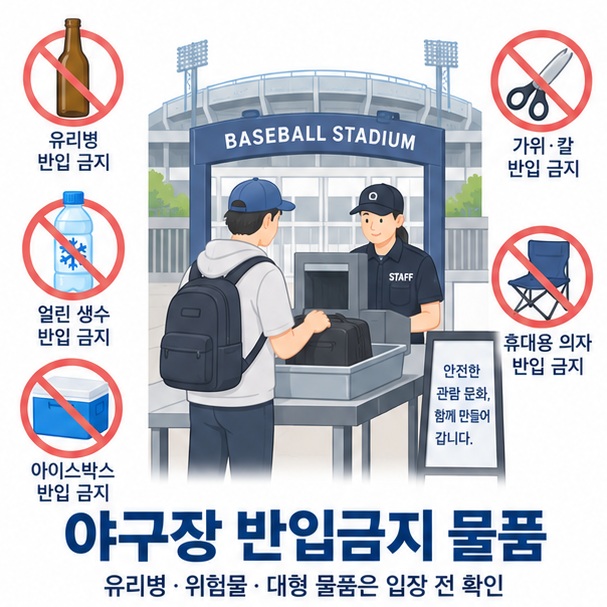 야구장 반입금지 물품과 유리병 캔 큰 가방 아이스박스 위험물품을 정리한 교육용 이미지