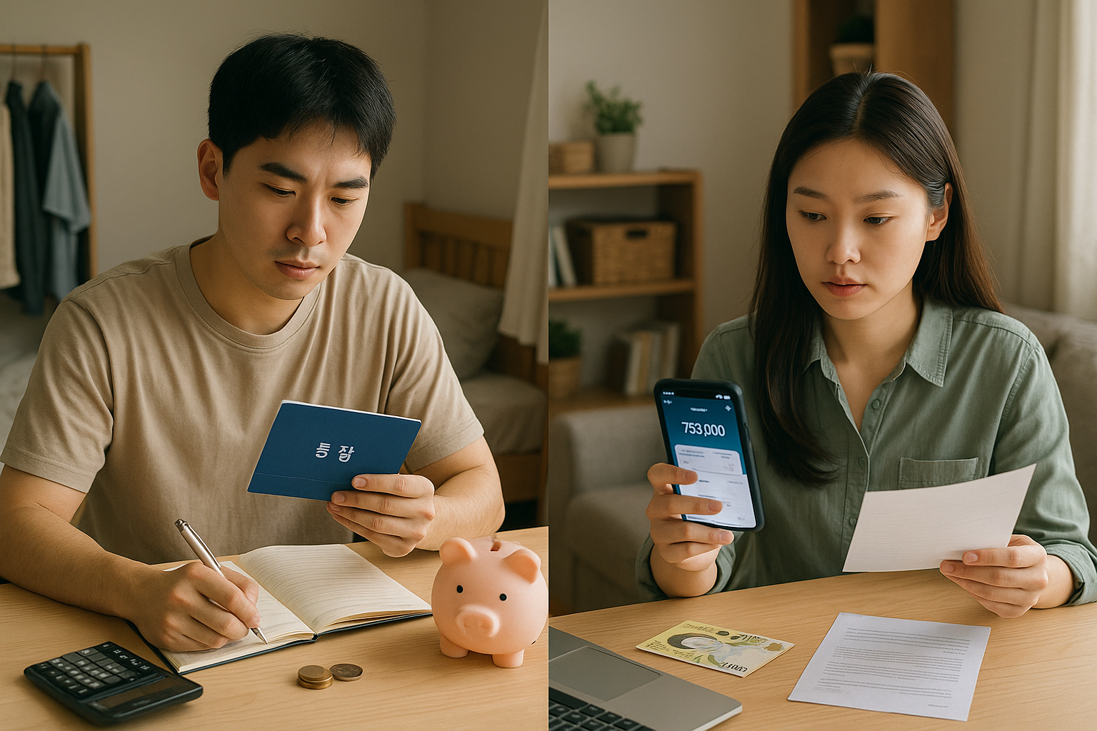 청년내일저축계좌나 희망 적금 등 정부 복지 제도를 활용해 자산을 관리하는 청년 남녀의 모습