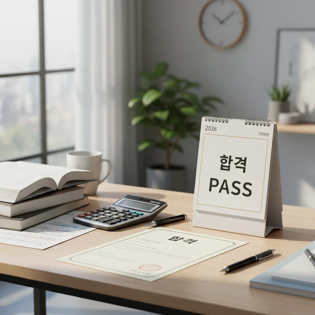 2026년 기사 자격증 시험 준비를 상징하는 달력과 필기구 이미지