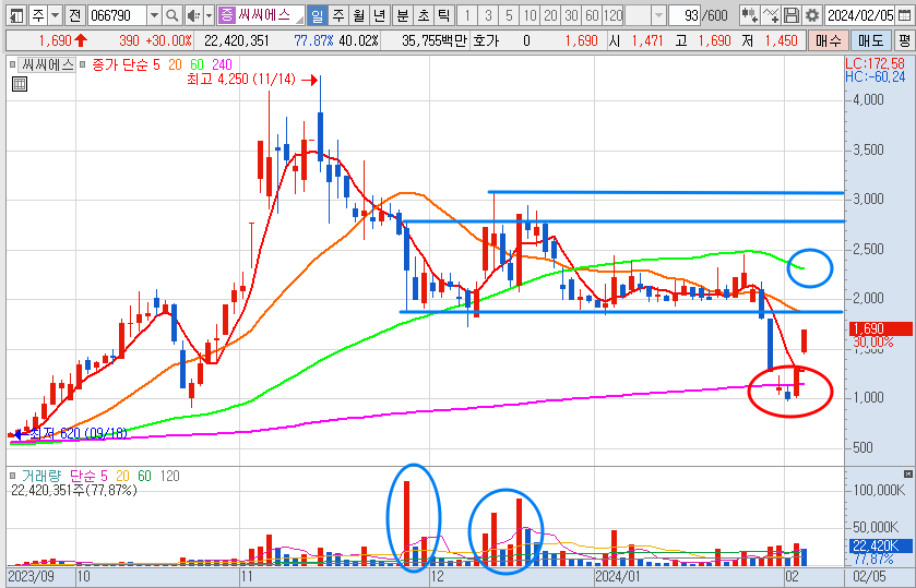 씨씨에스 일봉 차트 분석 (24.2.5)