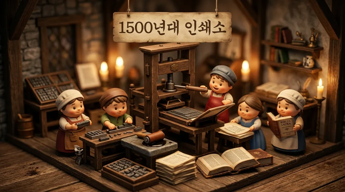 1500년대 인쇄업자가 사용하던 고전적인 라틴어 타이포그래피 인쇄소 풍경