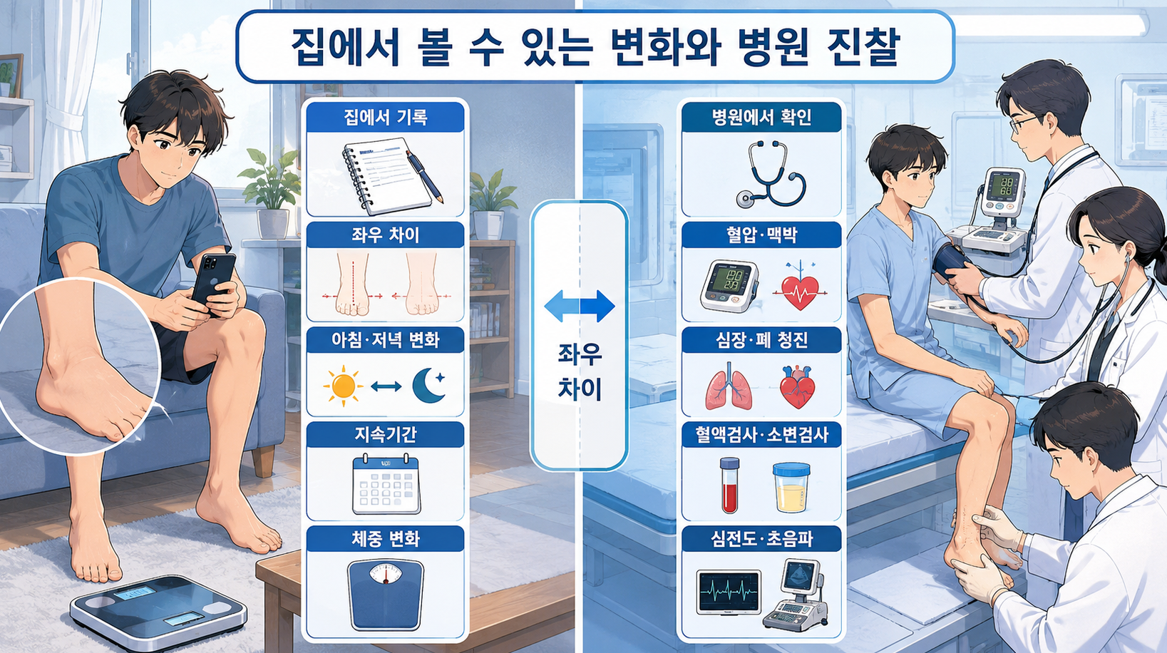 집에서 기록할 수 있는 부종 변화와 병원에서 확인하는 진찰&middot;검사를 비교한 의료 인포그래픽. 왼쪽에는 한국인 성인 남성이 발목 사진과 체중을 기록하는 모습, 오른쪽에는 의료진이 혈압&middot;맥박 측정, 심장&middot;폐 청진, 다리 진찰과 혈액검사&middot;소변검사&middot;심전도&middot;초음파를 시행하는 모습이 담겨 있다.