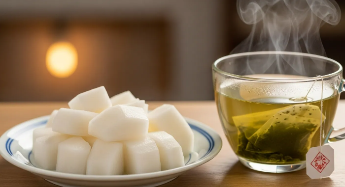 후식으로 먹기 좋게 썰어져 있는 무가 접시에 놓여 있는 모습.