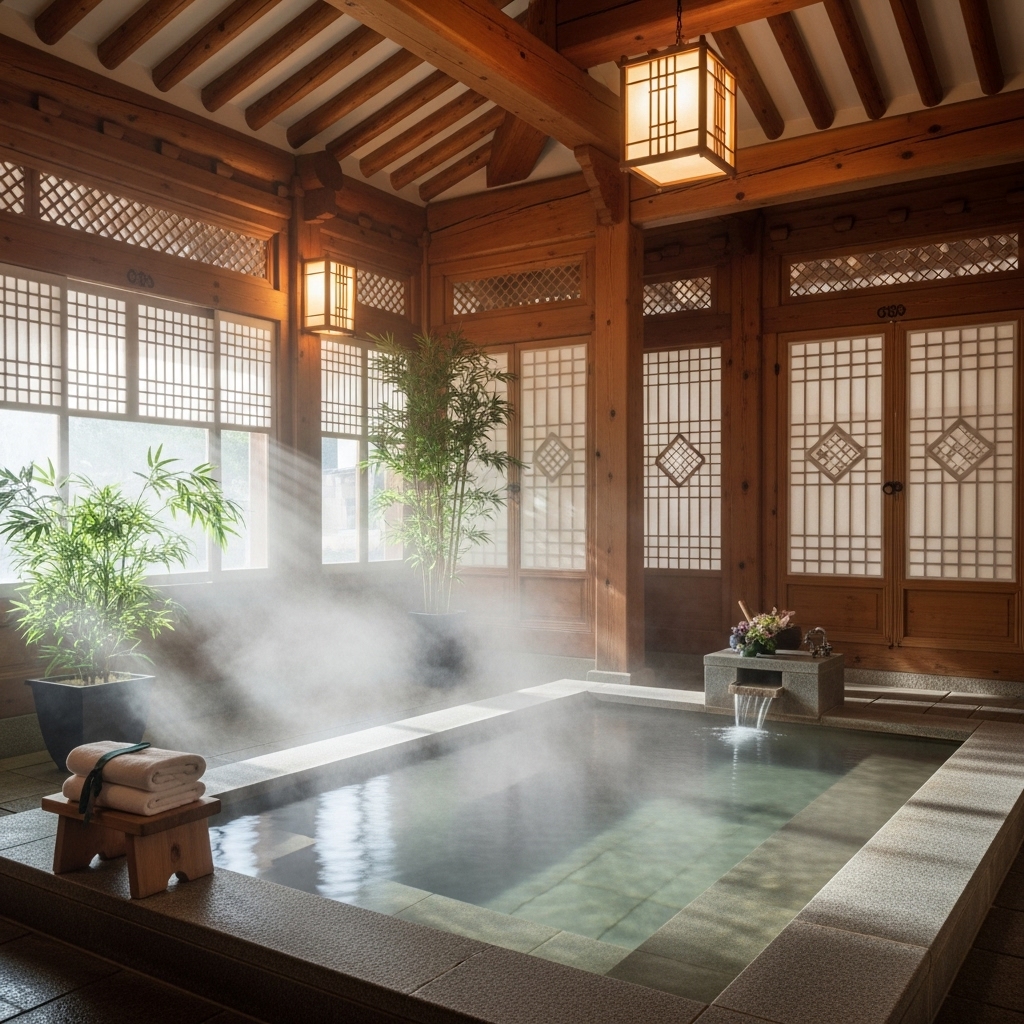 역사 깊은 아산 온양온천의 전통적인 실내 온천탕. 따뜻한 물에서 김이 피어오르고, 고즈넉한 한옥식 인테리어가 돋보입니다.