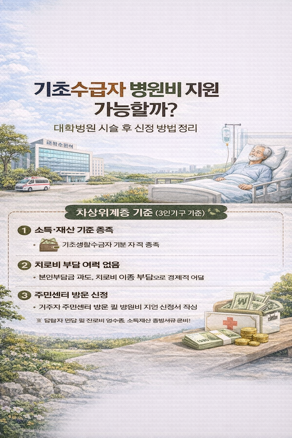 기초수급자 병원비 지원 가능할까? 대학병원 시술 후 신청 방법 정리