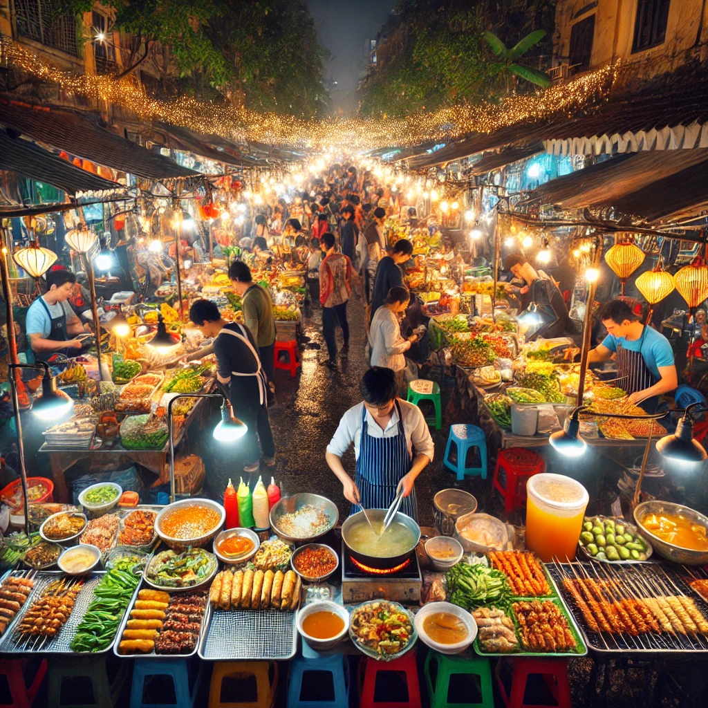 하노이 야시장 풍경과 다양한 길거리 음식들