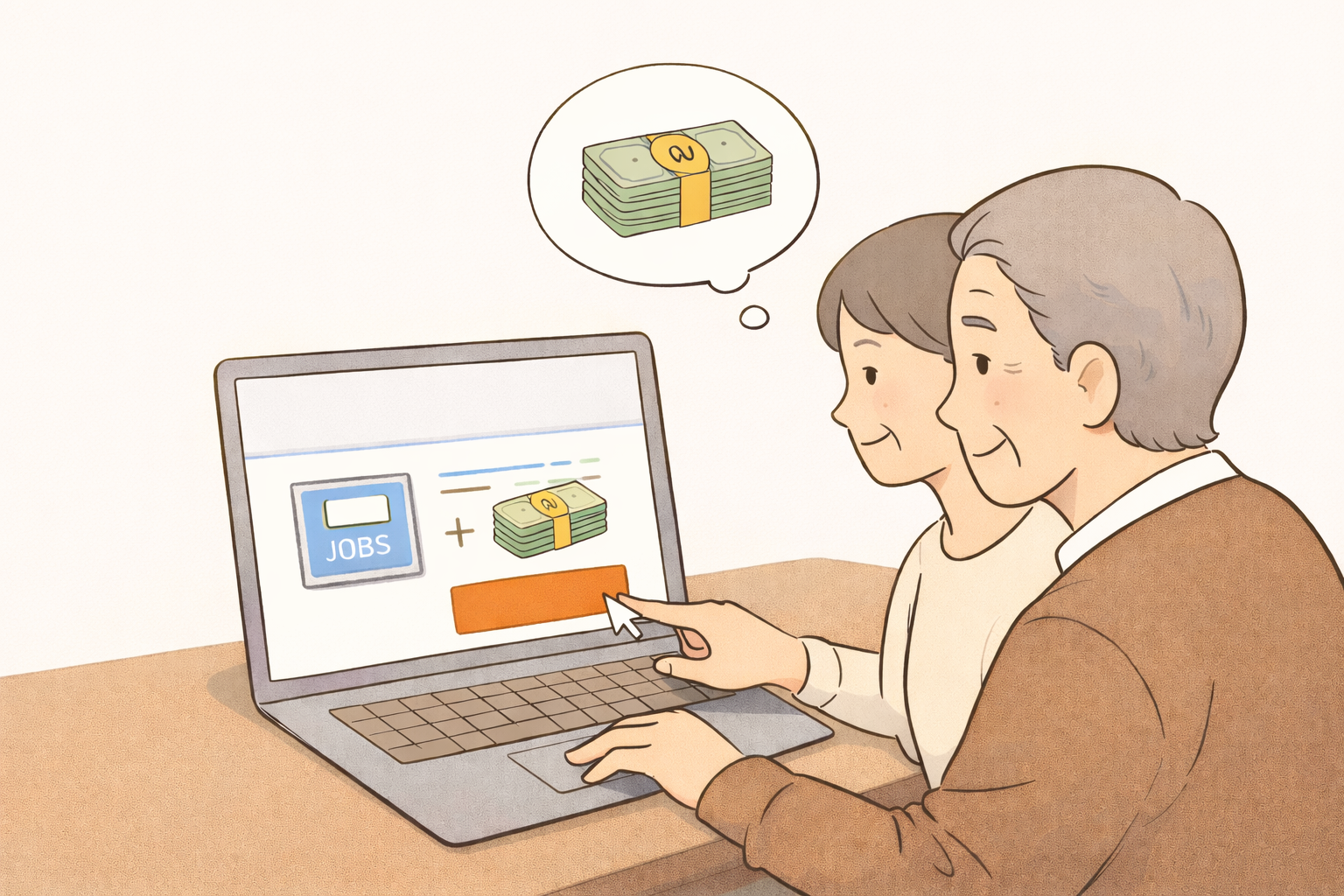 노인 일자리 지원사업을 알아보고 있는 사람들 이미지 일러스트