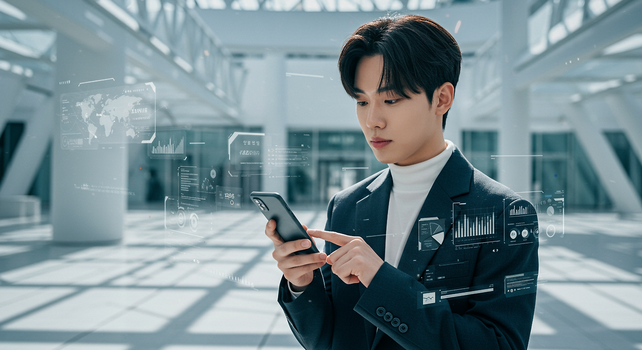 스마트폰 앱으로 뱅킹 서비스를 사용하는 기술 친화적 한국인 모습