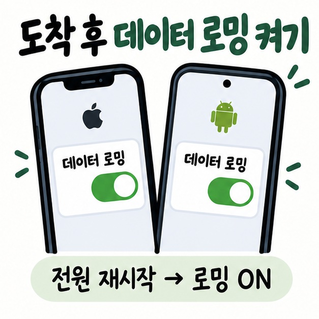 아이폰과 안드로이드 휴대폰의 데이터 로밍 스위치를 켜는 모습을 보여주는 카드