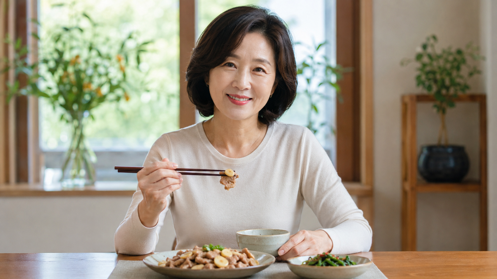 여름철 피로 회복을 위해 삼계탕 대신 돼지고기 마늘 볶음(알리티아민) 식단을 즐기는 50대 중년 여성