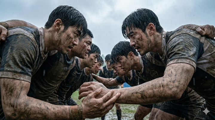 진흙 투성이가 된 럭비부원들이 스크럼(Scrum)을 짜고 서로의 어깨를 붙잡고 버티고 있다.