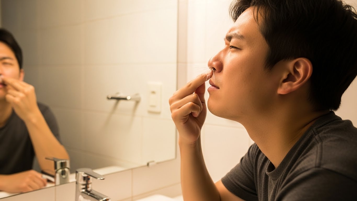 흰 코털을 보고있는 남성 이미지