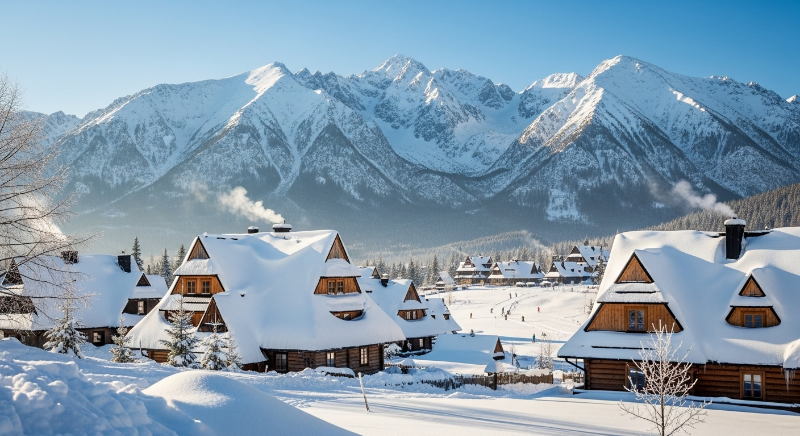 눈 덮인 타트라 산맥 아래 폴란드 자코파네의 전통 통나무집 마을과 설경