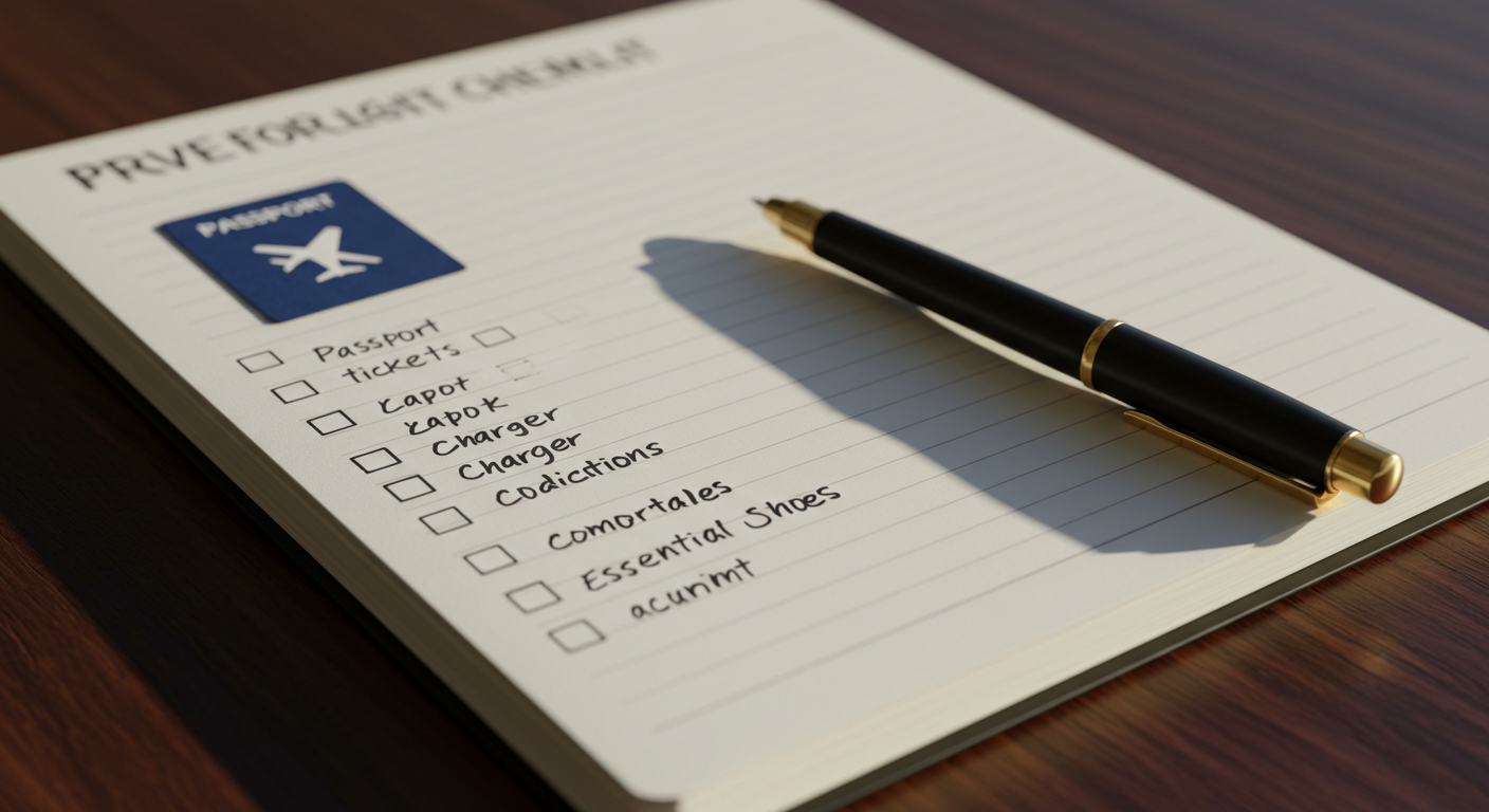 비행 전 수하물 관련 체크리스트가 작성된 메모지와 펜.