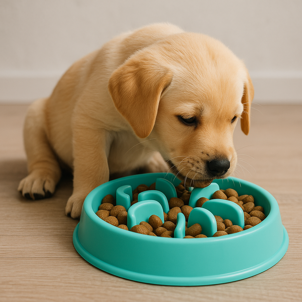 강아지가 슬로우피더 급식기로 사료를 먹으며 소화를 돕는 모습