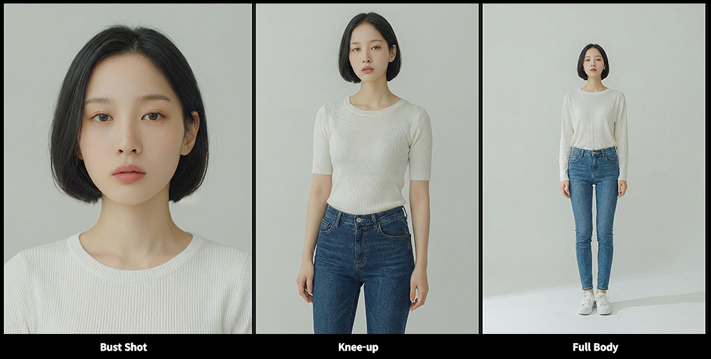 Nano Banana 인물 일관성 Body Scale 테스트, 얼굴 기준 유지 상태에서 Bust&middot;Knee‑up&middot;Full Body 거리 확장으로 신체 비례를 점검한 이미지_Nano Banana