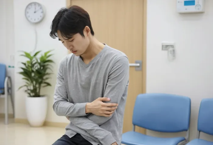 시술 직후 어깨 부위를 보호하며 회복 중인 상황을 표현한 장면