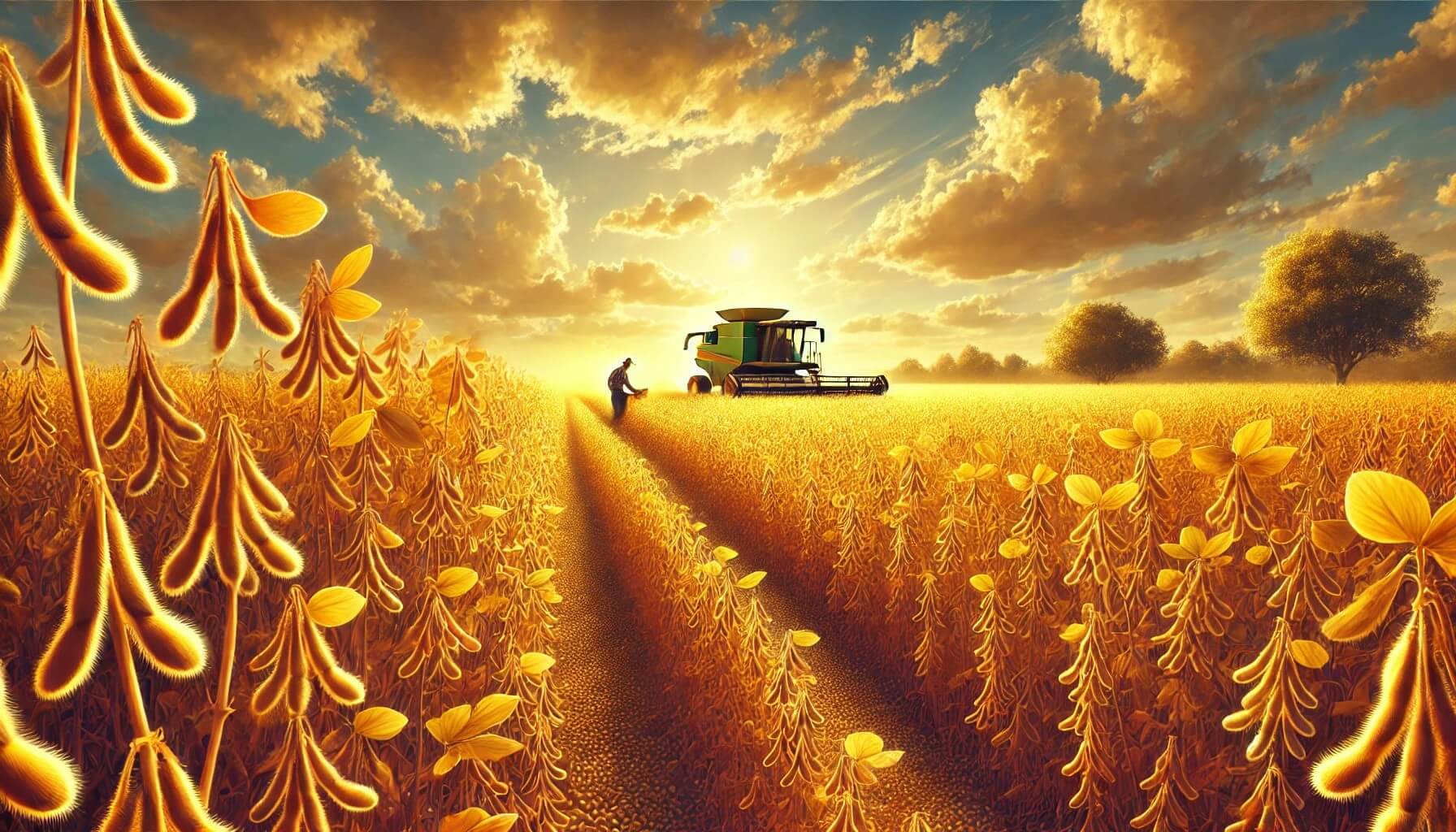 대규모로 재배된 콩을 수확하고 있는 이미지