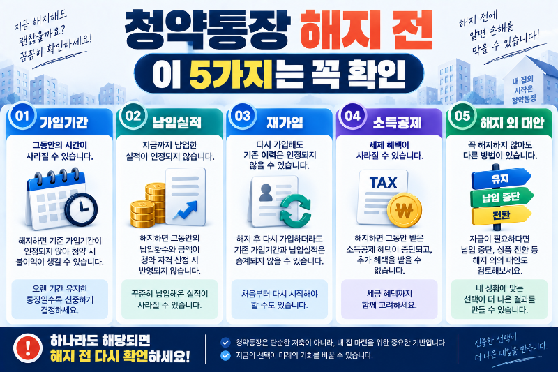 청약통장 해지 전 가입기간 납입실적 재가입 소득공제 대안을 정리한 이미지