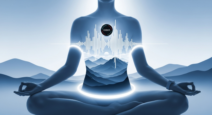 스마트워치를 착용하고 평화롭게 명상하는 사람, 심박수와 연결된 음악 파동이 주변에 퍼지는 미래지향적인 명상 장면