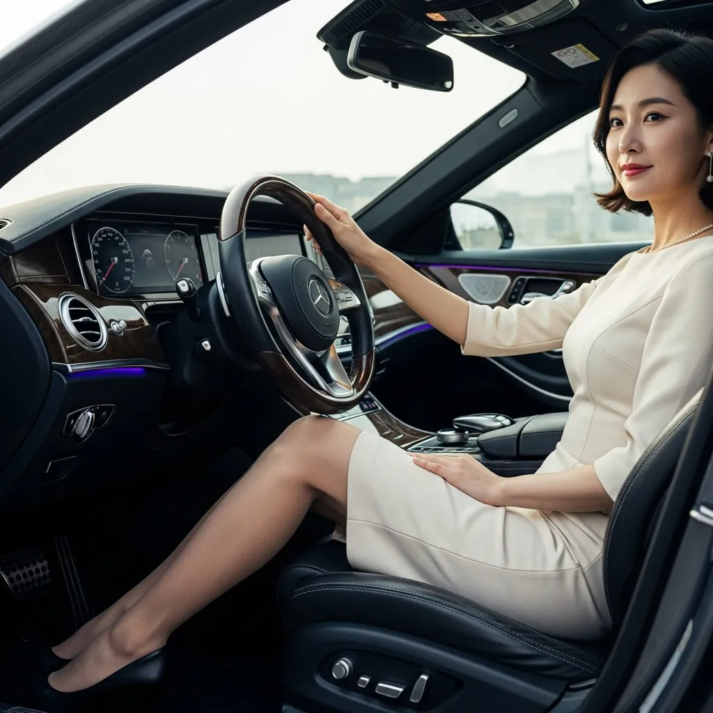 고급 세단 운전석에 앉아 여정을 준비하는 우아한 한국 여성의 모습