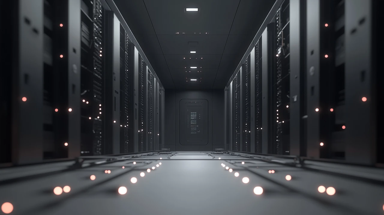 첨단 AI 프로세서가 주도하는 데이터 센터 내부는 혁신의 한가운데서 복잡한 회로 디자인과 함께 빛나며 조용히 작동합니다.