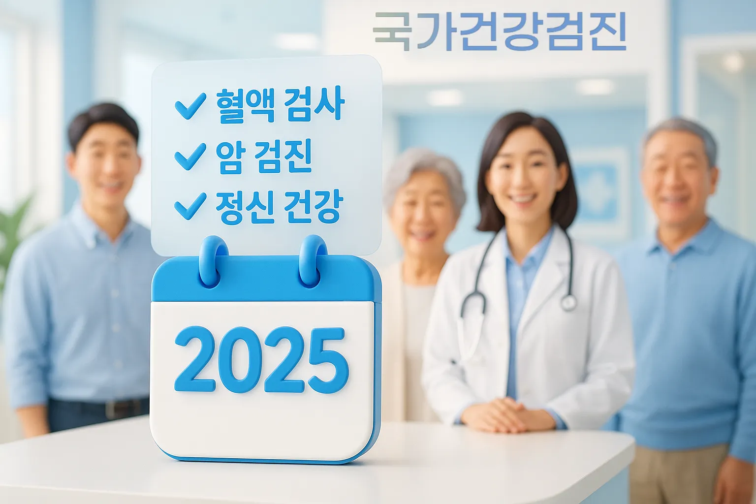 2025년 국가건강검진의 주요 항목인 혈액검사, 암검진, 정신건강검사를 보여주는 인포그래픽