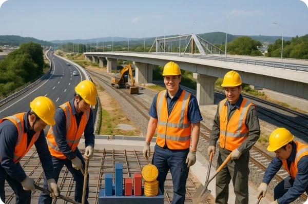 국도와 교량 현장에서 일하는 한국 건설 근로자들의 작업 현장