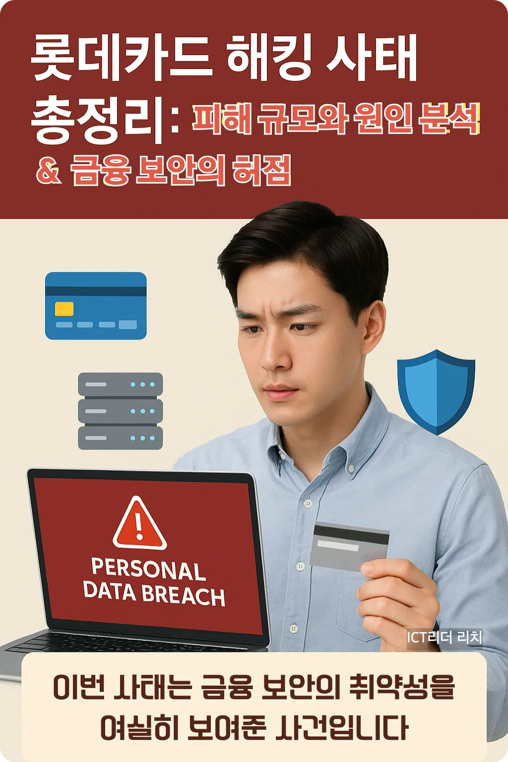 개인정보 유출 경고창을 노트북으로 확인하는 20대 남성의 인포그래픽 &ndash; 롯데카드 해킹 사건 개요