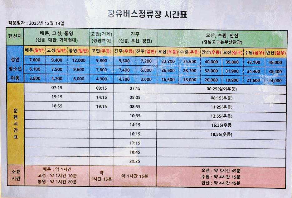 장유 시외버스 정류장 시간표 2