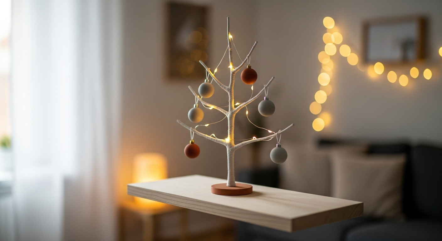 선반 위에 장식된 나뭇가지 미니멀 트리와 은은한 전구 조명
