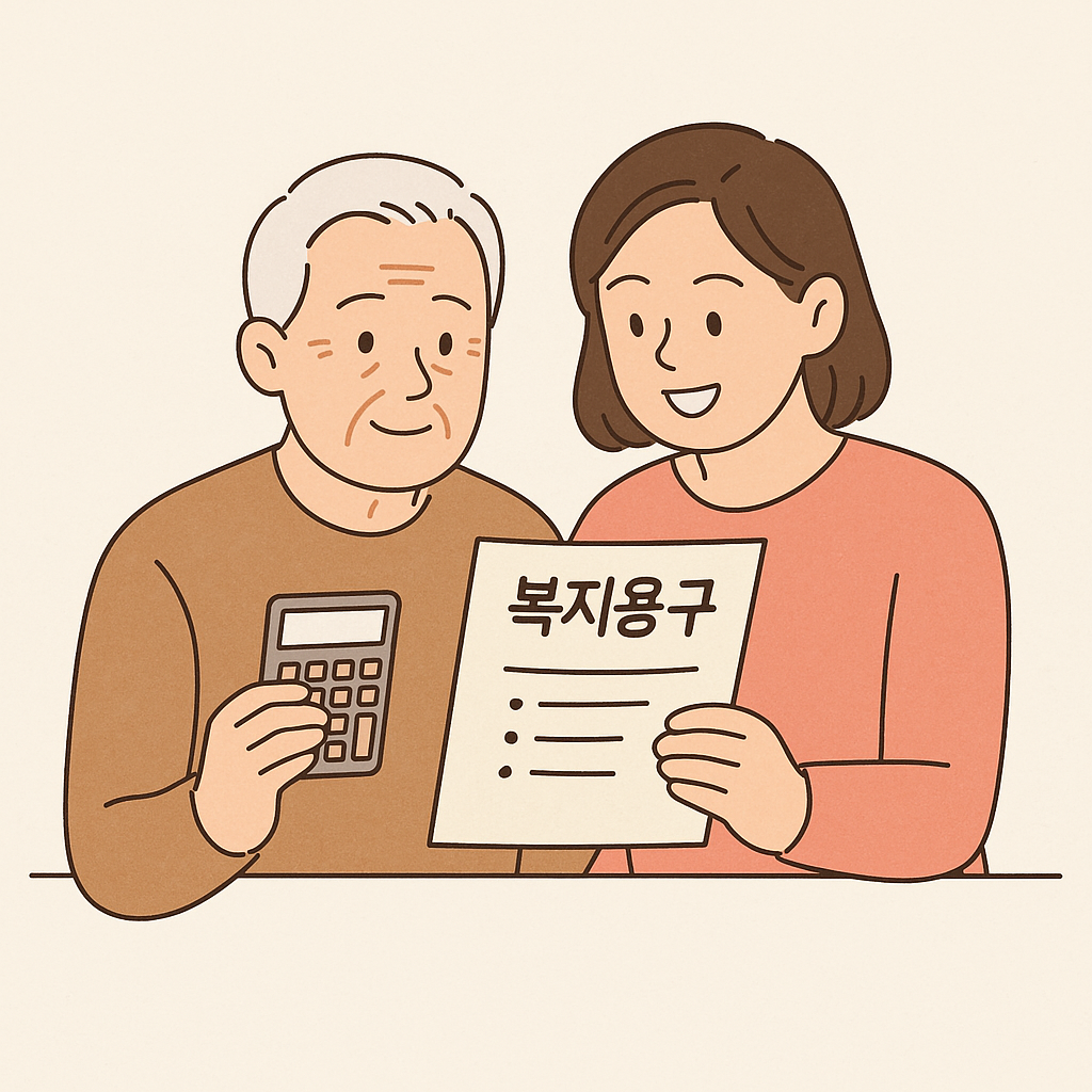 장기요양보험 본인부담금을 계산해보는 노인과 가족의 따뜻한 감성 일러스트 장면