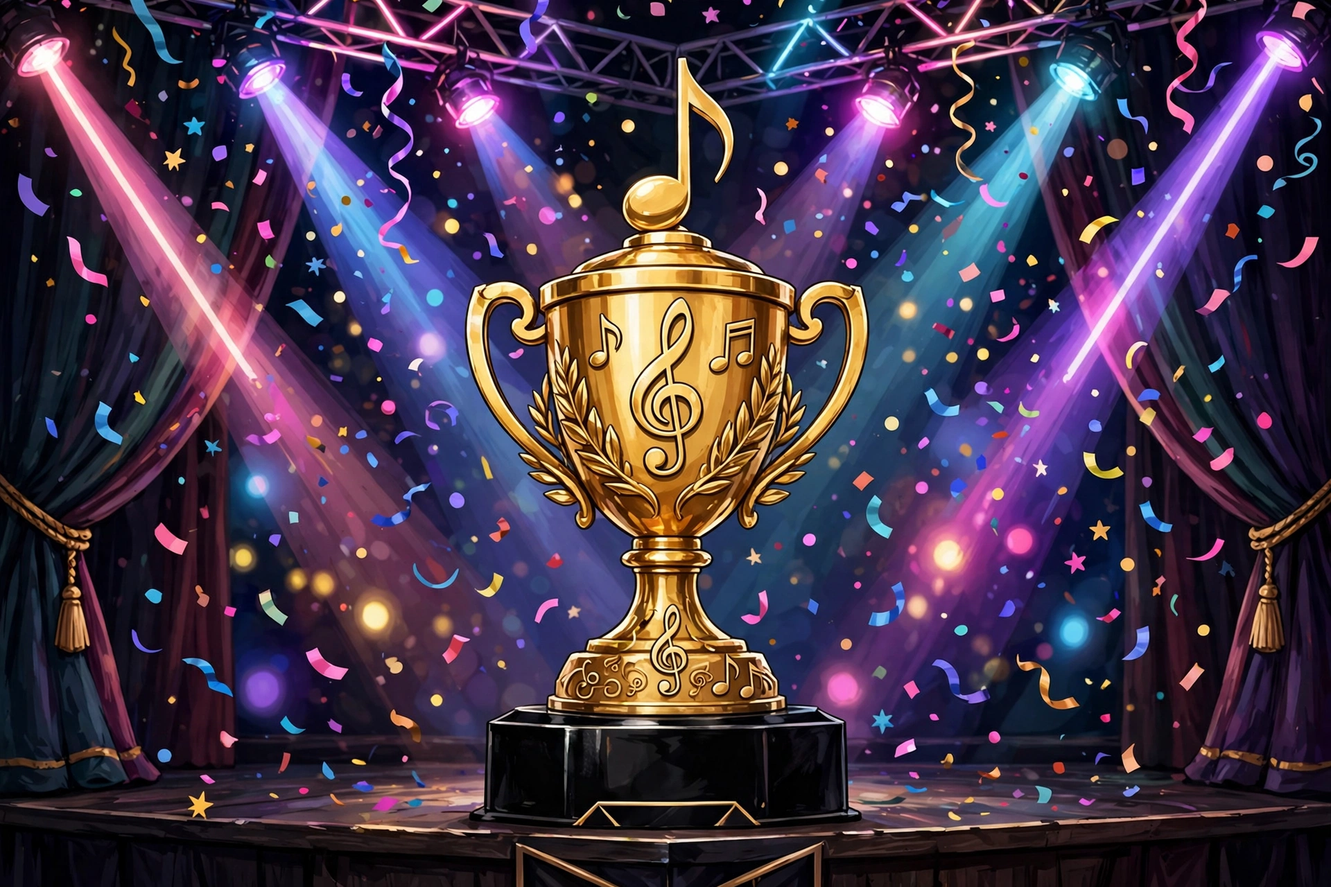 무대 위 황금 트로피와 색종이 축하 일러스트