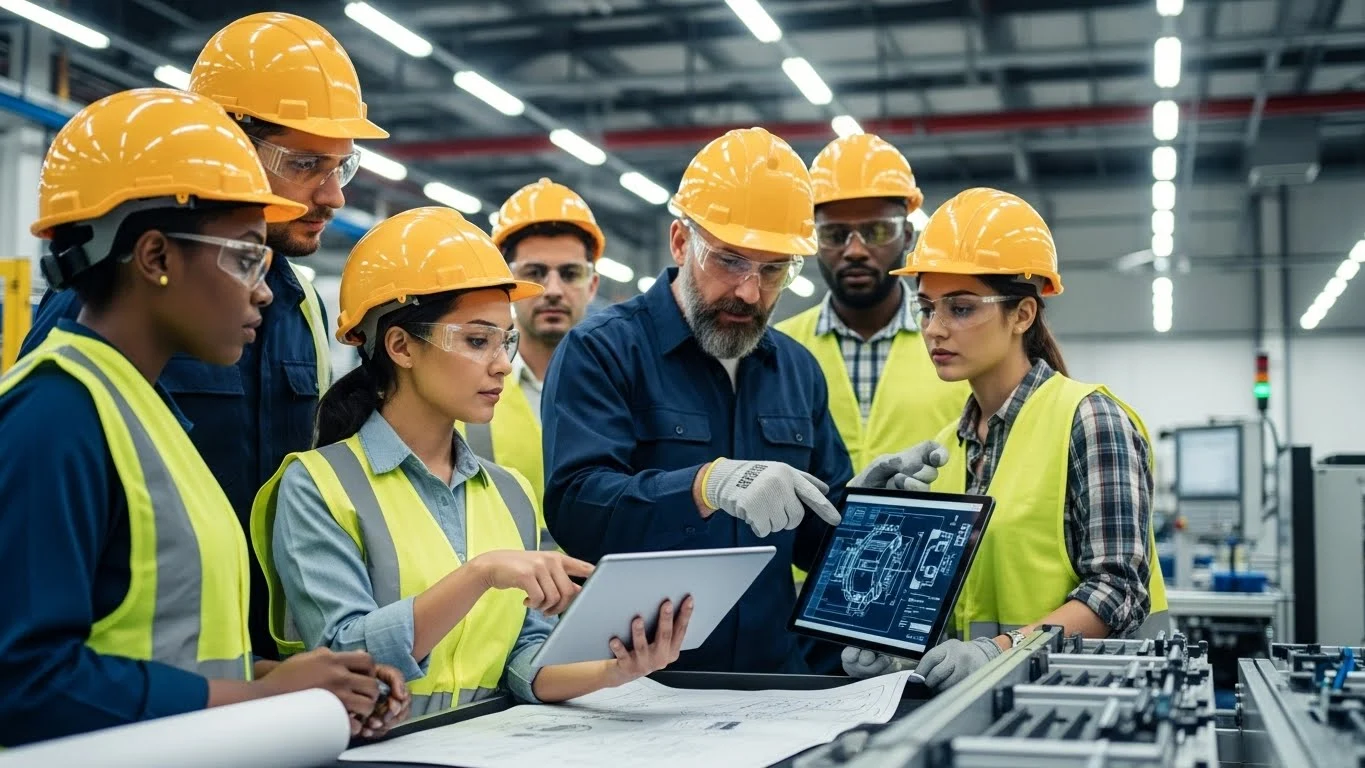 안전모를 쓴 전문가들이 공장에서 태블릿을 보며 강화된 위험성평가 실행 중심 인정 가이드에 대해 논의하는 모습.