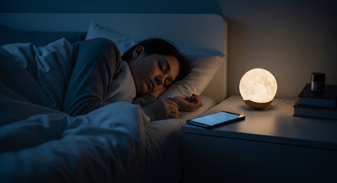 어둡고 아늑한 침실에서 스마트폰을 멀리하고 숙면을 취하는 사람의 모습