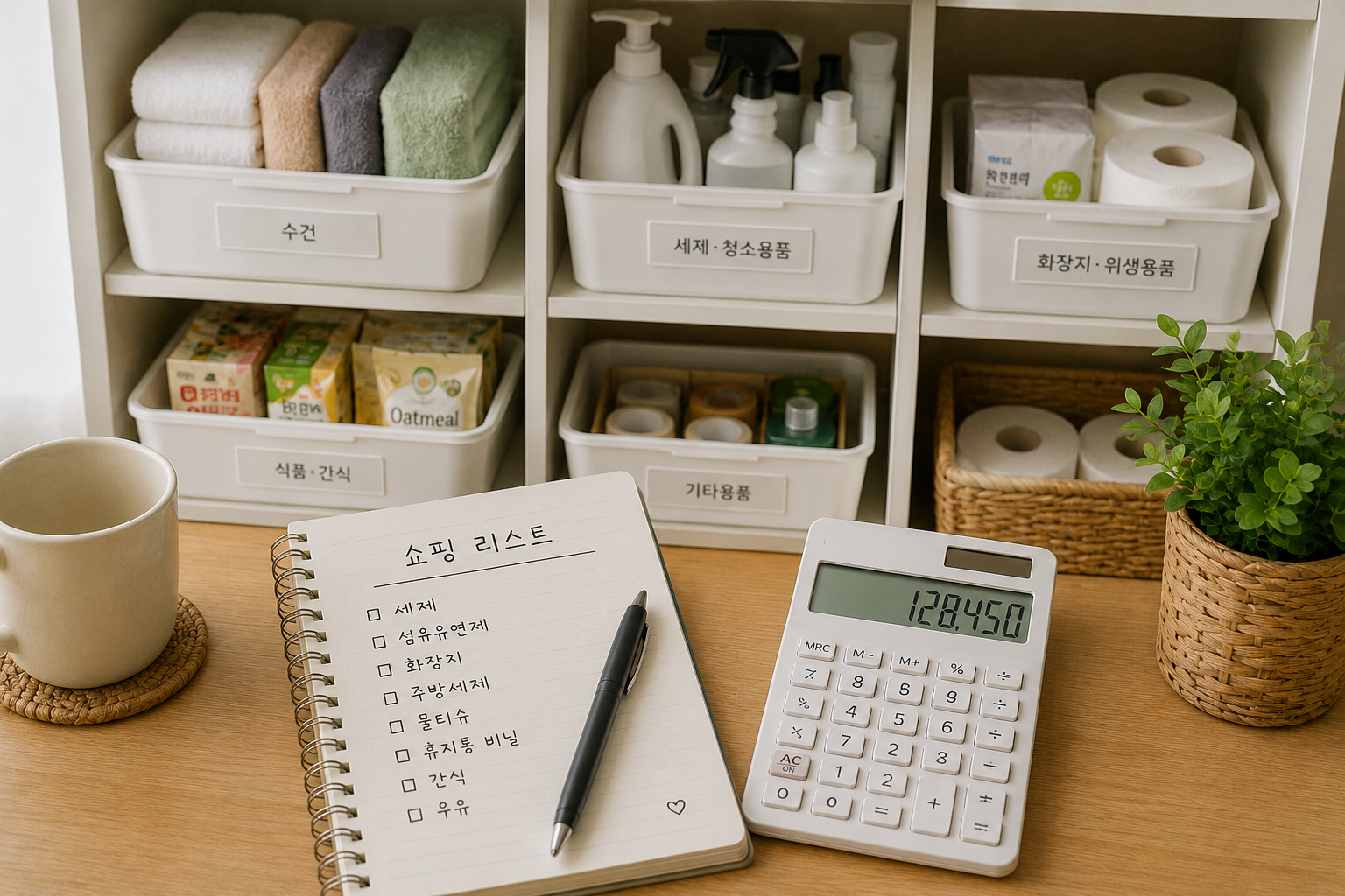 생활용품 구매 목록을 확인하며 생활비를 관리하는 모습