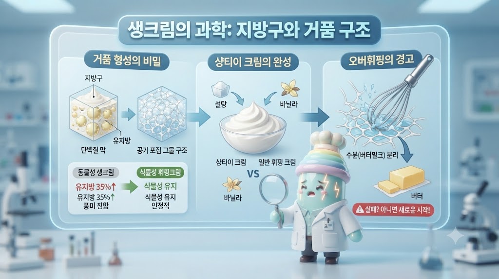 쫀쿠가 '생크림 과학 연구소'에서 현미경을 통해 생크림의 거품 구조를 입체적으로 분석하고 있습니다. 평소 떠다니던 지방구가 거품기의 힘으로 단백질 막이 깨지고 서로 엉겨 공기를 붙잡는 '그물 구조'가 홀로그램으로 명확하게 시각화됩니다. 그 옆 비커에서는 '크렘 샹티이(설탕+바닐라)'와 일반 휘핑 크림이 비교되며, 오버휘핑되어 수분(버터밀크)이 분리되고 버터가 만들어지는 과정이 경고 아이콘과 함께 단계별로 설명됩니다.