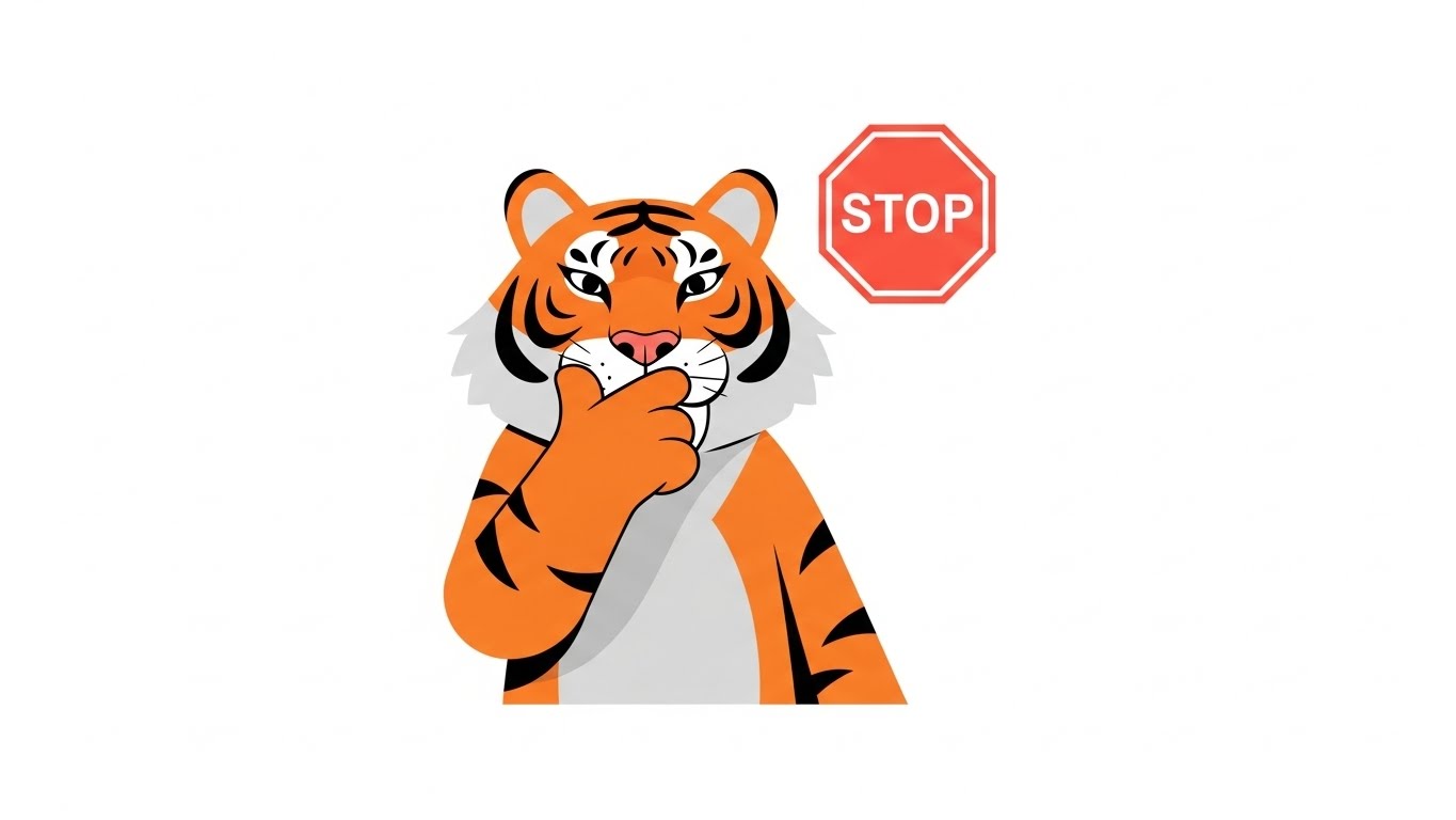 말하기 전에 신중하게 생각하며 입을 가리고 조심하는 호랑이 캐릭터 일러스트