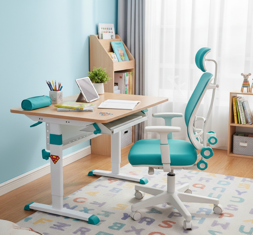 초등학생에게 적합한 책상 이미지, 높낮이 조절이 가능한 책상과 의자
