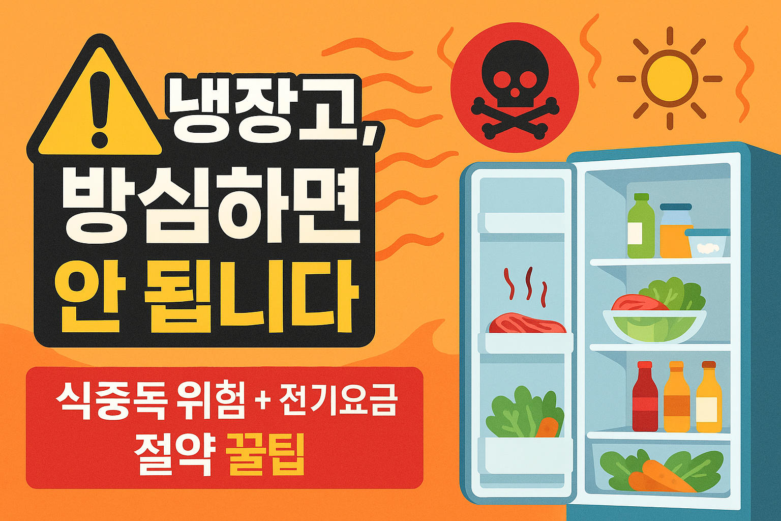여름철 냉장고 온도 설정을 경고하는 배너 스타일 일러스트 – 식중독과 전기요금 주의 문구 포함