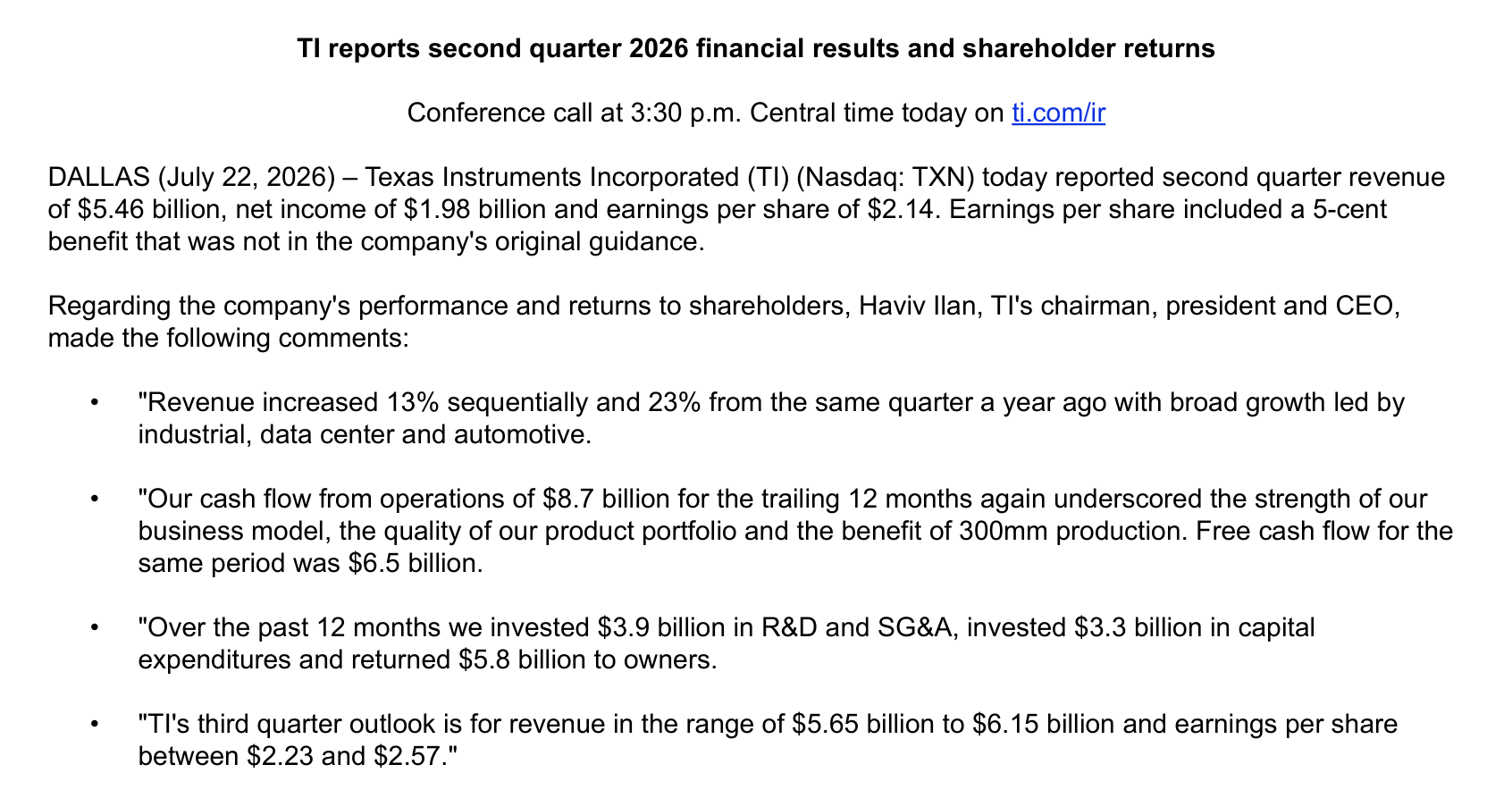 Texas Instruments Q2 2026 earnings release, page 1: the four sentences the company leads with