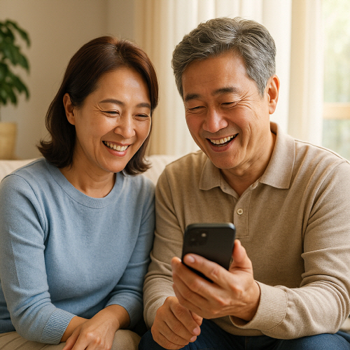 민생회복지원금 지급 내용을 스마트폰으로 확인하고 기뻐하는 부부