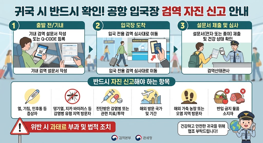 공항 입국장 검역 신고 안내문과 자진 신고 창구