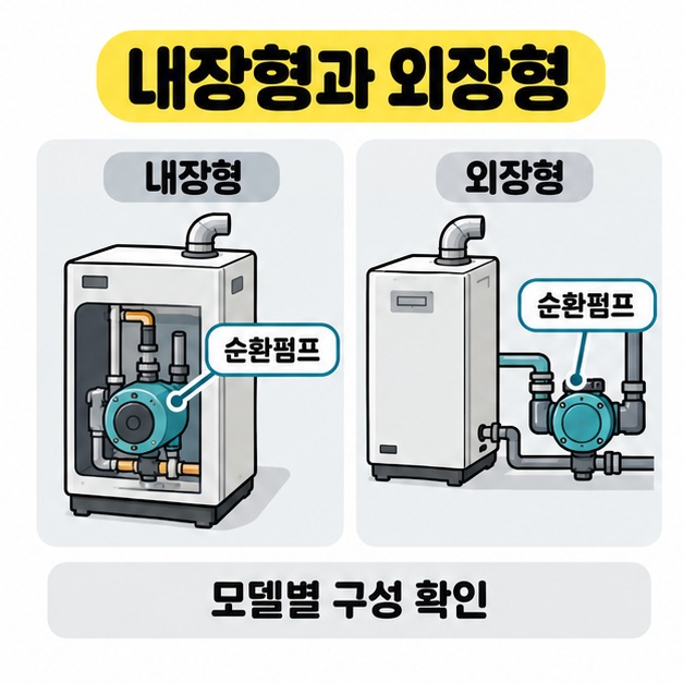 보일러 본체 안에 순환펌프가 있는 내장형과 본체 밖에 연결된 외장형을 비교하고 모델별 구성 확인을 안내한 그림