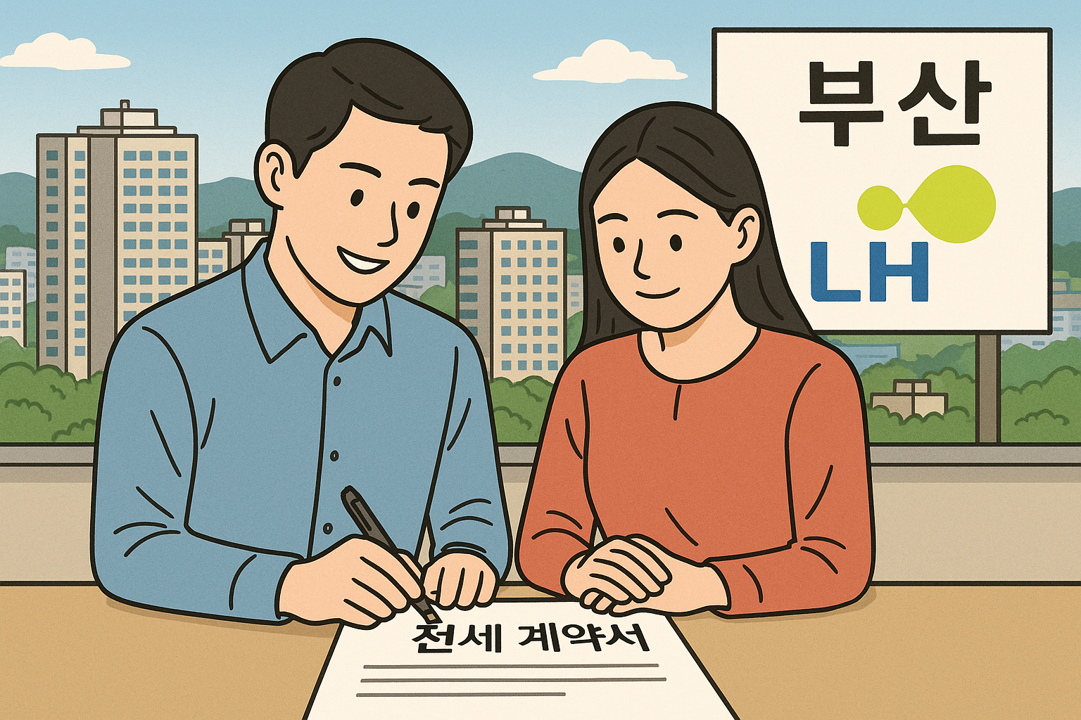 한국 청년 커플이 전세 계약서에 사인하는 모습